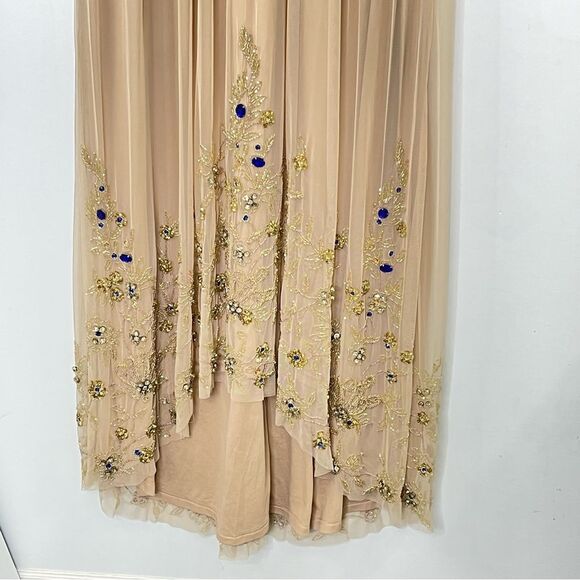 Mac Duggal 9232 High Neck Jewel Hem Embellished Trapeze Nude Gold Gown, Size 14 - Picture 6 of 10